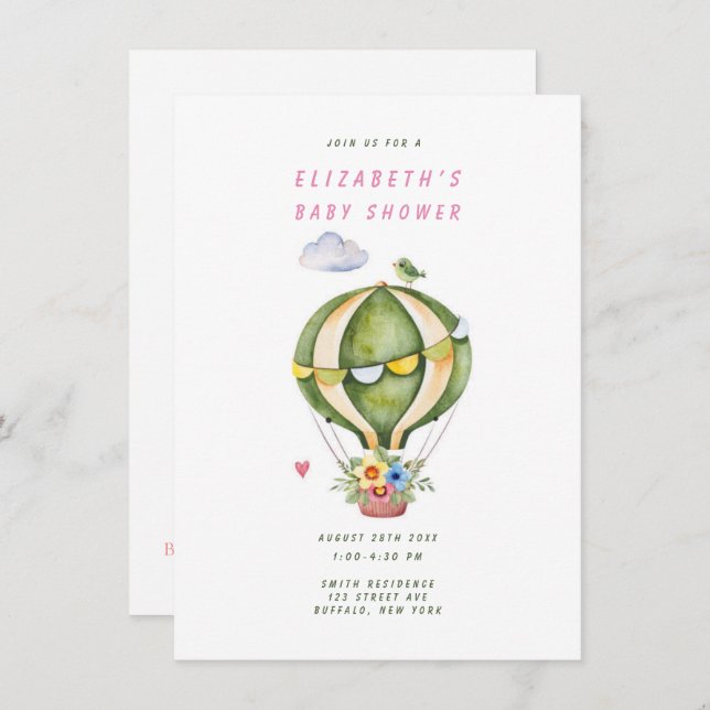 Sage Green Hot Air Balloon Floral Girl Baby Shower Invitation (Front/Back)
