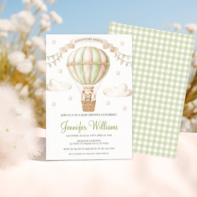 Sage Green Hot air balloon Teddy bear Baby shower Invitation (Creator Uploaded)