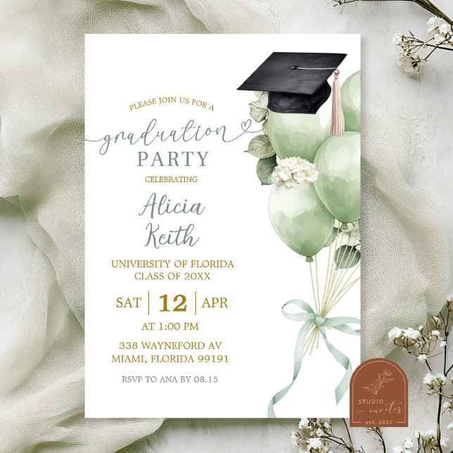 Sage Green Hydrangea Balloon Graduation Party Invi Invitation (Creator Uploaded)