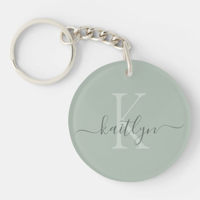 Sage Green Initial Name Monogrammed Key Ring (Front)
