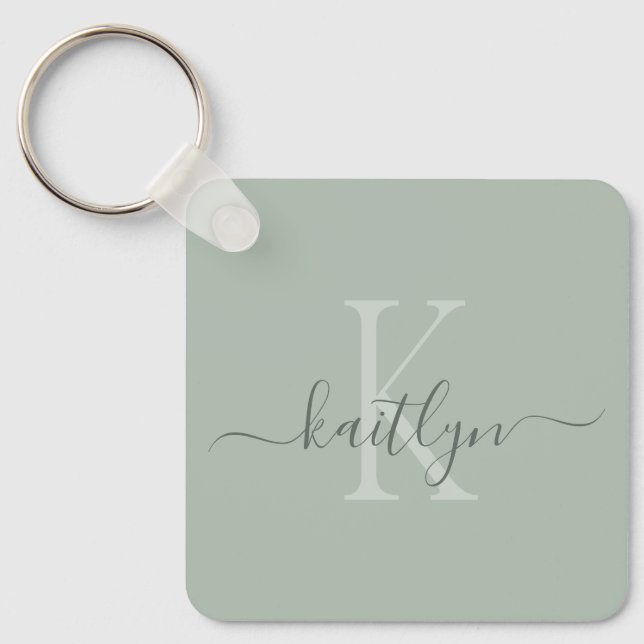 Sage Green Initial Name Monogrammed Key Ring (Front)
