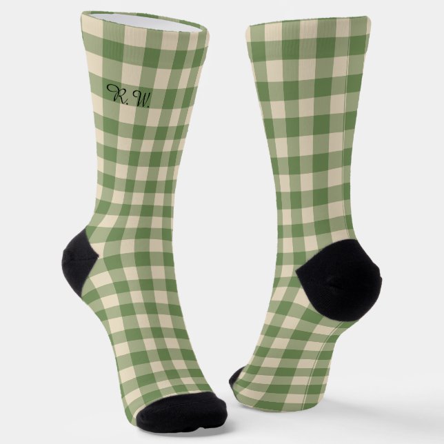 Sage Green Ish Preppy Gingham Plaid Socks (Angled)