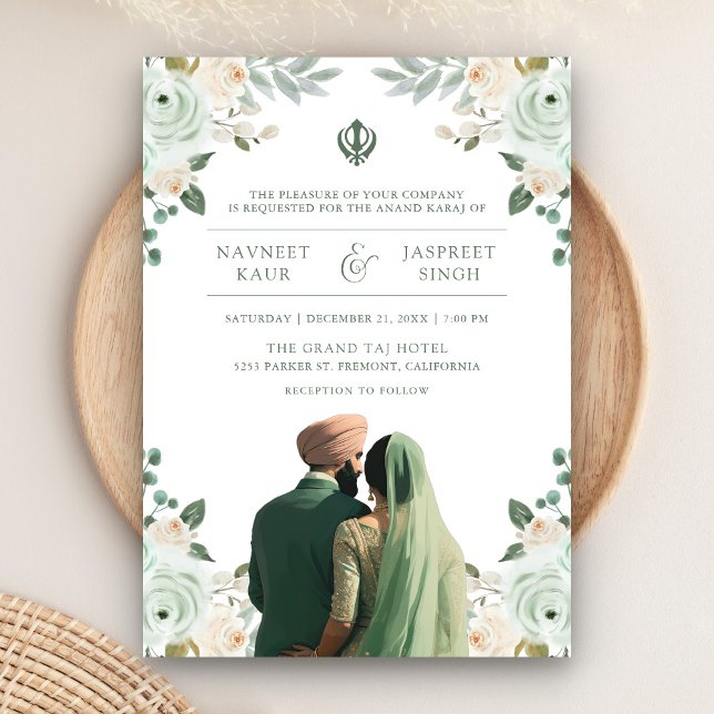 Sage Green Ivory Anand Karaj Indian Sikh Wedding Invitation (Creator Uploaded)