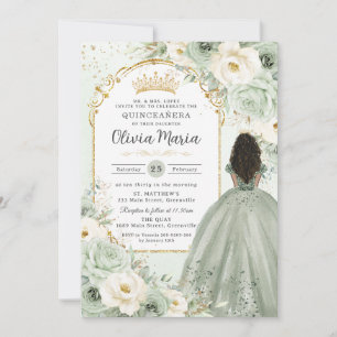 Sage Green Ivory Floral Brown Girl Quinceañera  Invitation