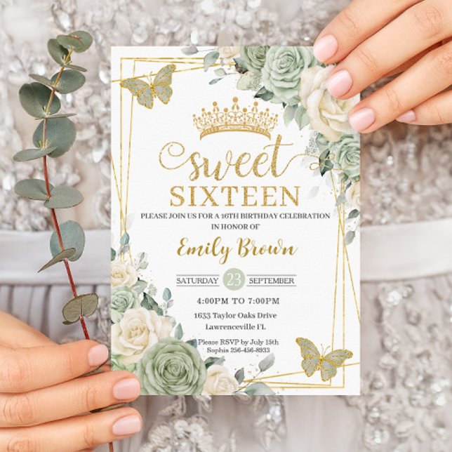 Sage Green Ivory Floral Butterflies Gold Sweet 16 Invitation (Creator Uploaded)