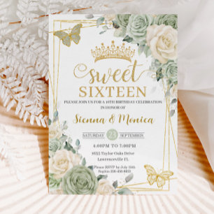 Sage Green Ivory Floral Butterfly Sweet 16 Twins  Invitation