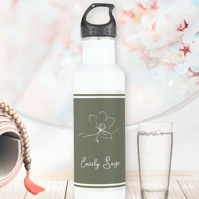 Sage Green Ivory Floral Line Art Striped 710 Ml Water Bottle (Minimalist Floral Line Art Zen Sage Green Ivory Stainless Steel Water Bottle ©Sunny Wanderlust 🌞✈️)