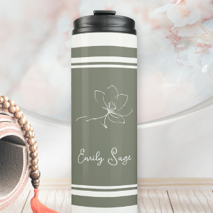 Sage Green Ivory Floral Line Art Striped Thermal Tumbler