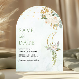Sage Green Ivory Floral Moon Arch Photo Wedding Save The Date