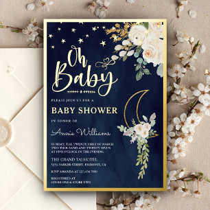 Sage Green Ivory Floral Moon Navy Baby Shower Gold