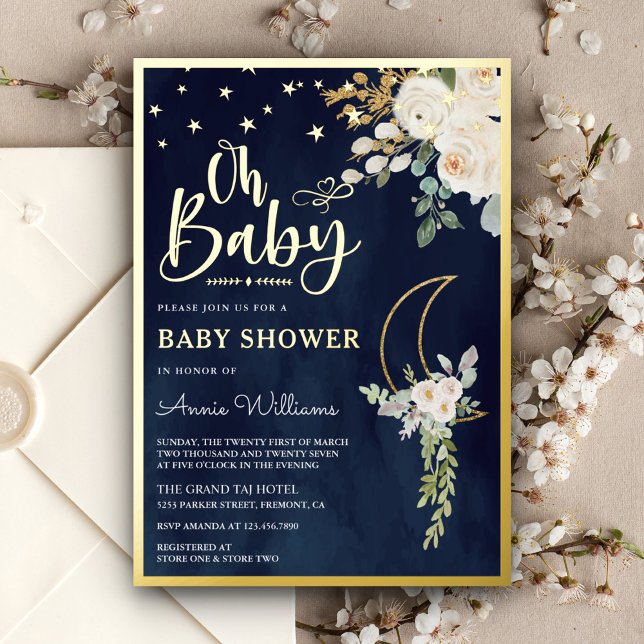 Sage Green Ivory Floral Moon Navy Baby Shower Gold (Creator Uploaded)