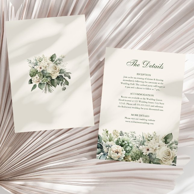 Sage Green & Ivory Flowers Wedding Details Card (Sage Green & Ivory Flowers Wedding Details Card on a sunny white dry palm leaf.)