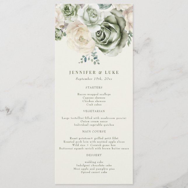 Sage Green Ivory Flowers Wedding Menu (Front)