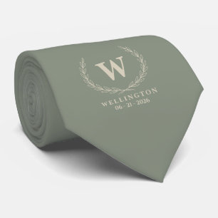 Sage Green Ivory Laurel Monogram Name and Wedding Tie