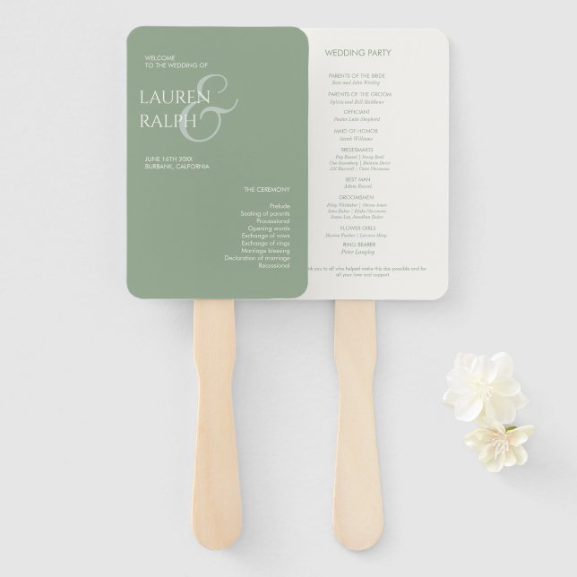 Sage Green Ivory Monogram Welcome Wedding Program Hand Fan (Front and Back)