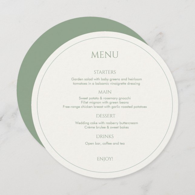 Sage Green & Ivory Monogrammed Round Wedding Menu (Front/Back)