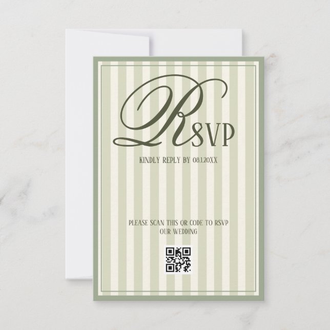 Sage Green Ivory Striped Luxury Wedding RSVP Card (Front)