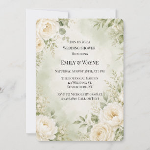 Sage Green Ivory Watercolor Floral Wedding Shower Invitation