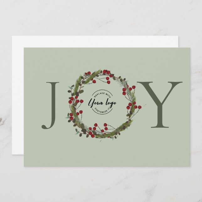 Sage Green JOY Christmas Wreath Logo Personalised Holiday Card (Front/Back)