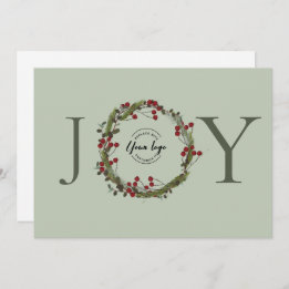Sage Green JOY Christmas Wreath Logo Personalised Holiday Card