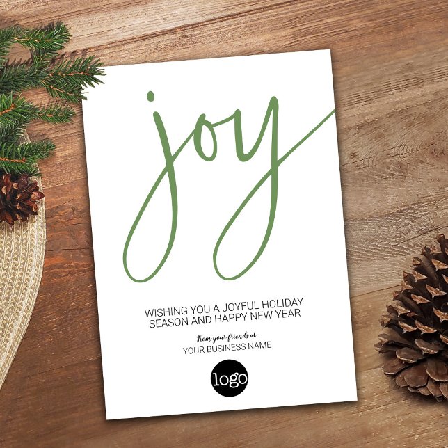 Sage Green JOY with Business Logo Holiday Card (Modern Holiday Card for a Small Business - add your logo)