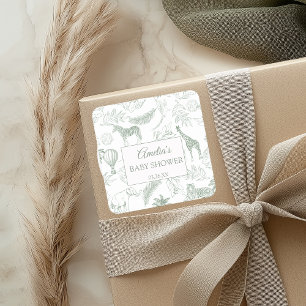 Sage Green Jungle Safari Animals Baby Shower Favor Square Sticker