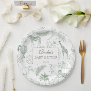 Sage Green Jungle Safari Animals Baby Shower Paper Plate