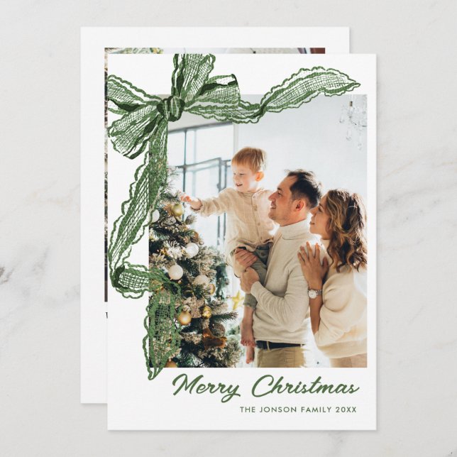 Sage Green Lace Christmas Bow Ribbon 2 Photo Holiday Card (Front/Back)