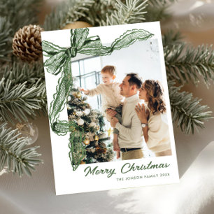 Sage Green Lace Christmas Bow Ribbon 2 Photo Holiday Card