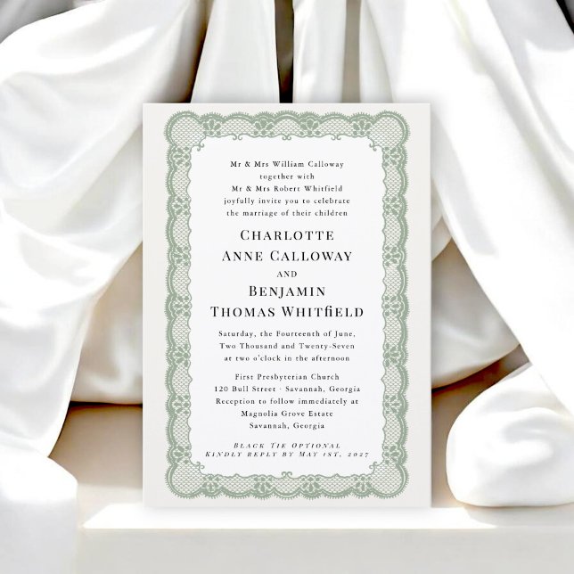 Sage Green Lace Frame Traditional Wedding  Invitation (Creator Uploaded)