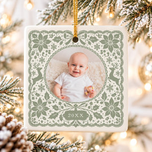 Sage Green Lace Papercut Vintage Baby Photo Ceramic Ornament