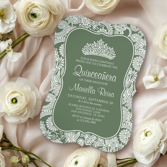 Sage Green Lace Quinceañera Invitation (Creator Uploaded)