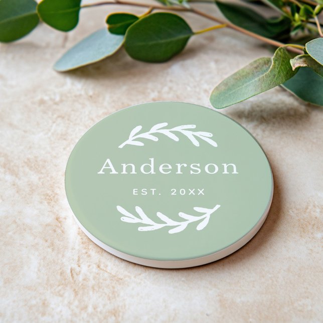 Sage Green Laurel Branch Wreath Last Name Monogram Coaster (Creator Uploaded)