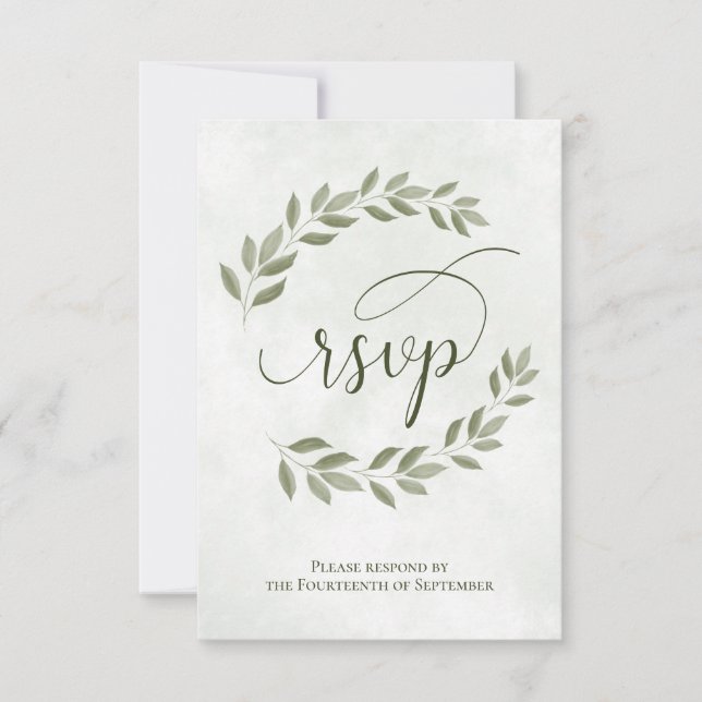 Sage Green Laurel Leaves Rustic Wedding RSVP Card (Front)
