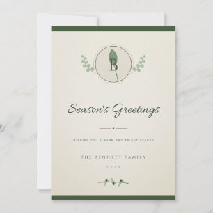 Sage Green Laurel Monogram 1 Photo Christmas Card