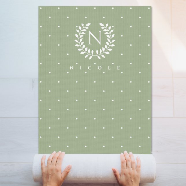 Sage Green Laurel Monogram Polka Dot Pattern Yoga Mat (Creator Uploaded)