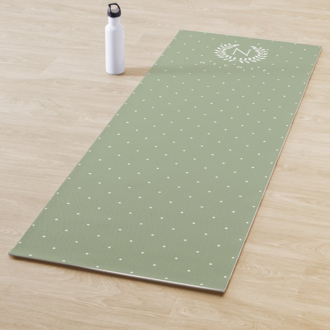 Sage Green Laurel Monogram Polka Dot Pattern Yoga Mat (In Situ)