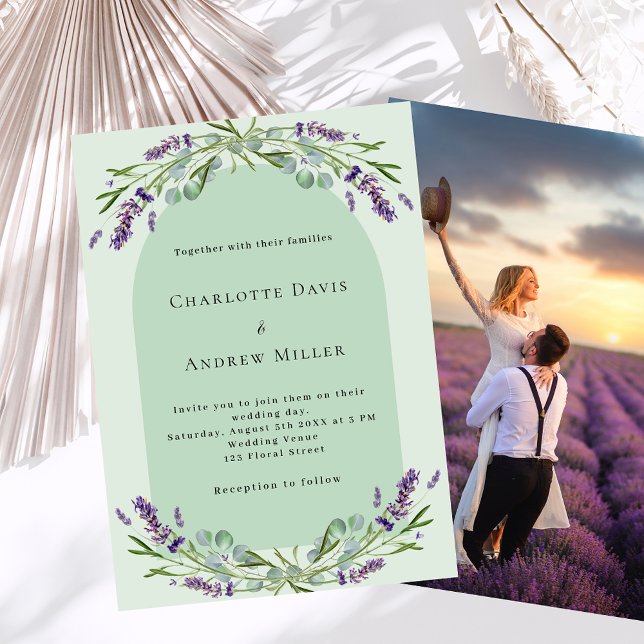 Sage green lavender floral arch photo wedding invitation (Creator Uploaded)