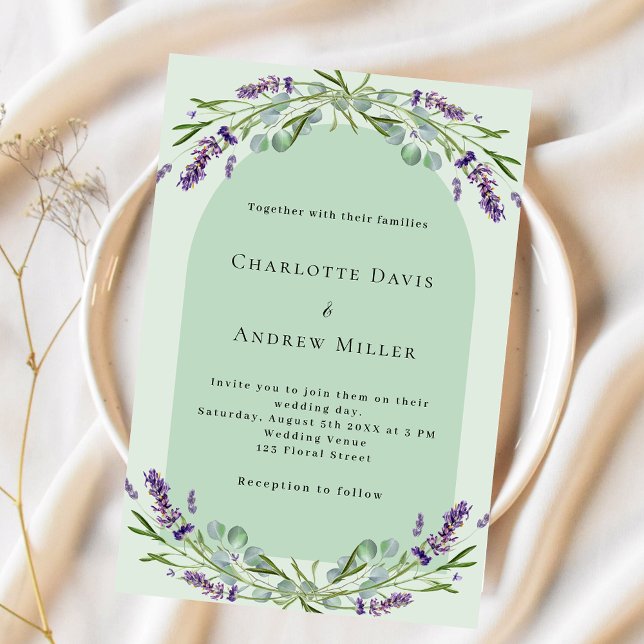 Sage green lavender floral arch wedding invitation (Creator Uploaded)