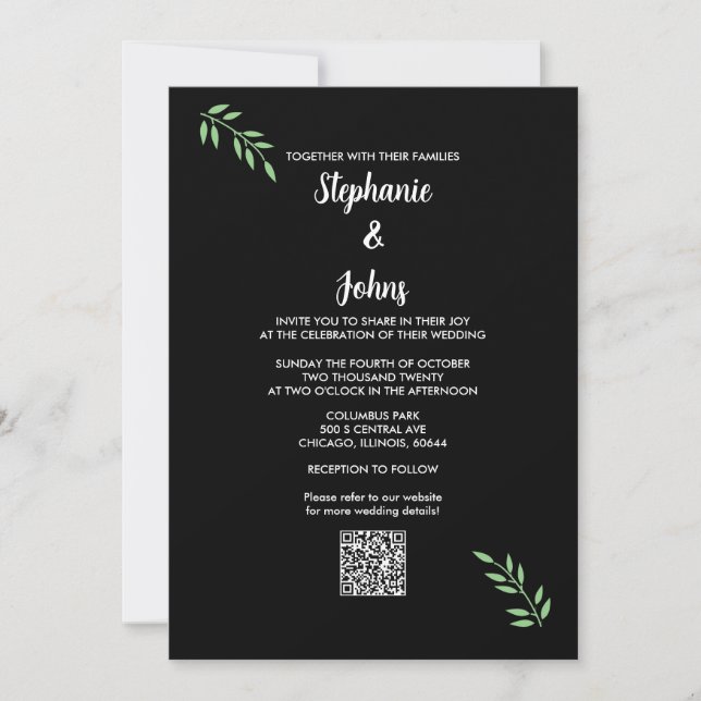 Sage Green Leaf Black White Script QR Code Wedding Invitation (Front)