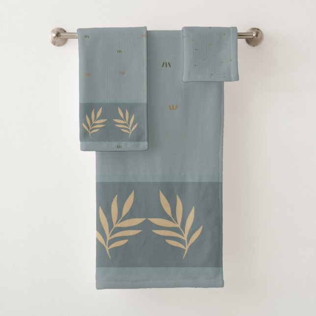 Sage Green Leaf Border Bathroom Towel Set (Insitu)