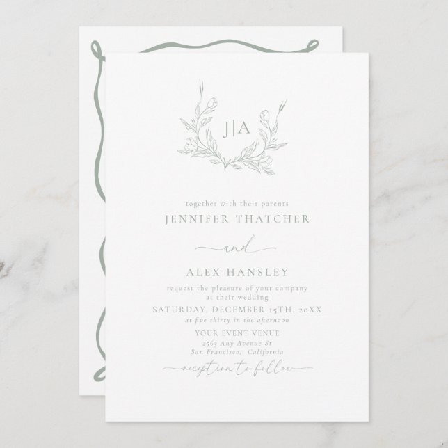  Sage Green Leaf Botanical Monogram Photo Wedding Invitation (Front/Back)