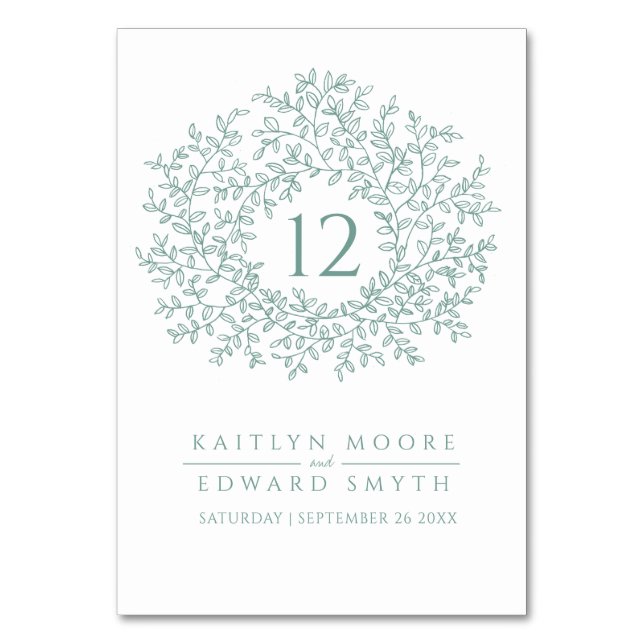 Sage green leaf circle monogram wedding custom table number (Front)