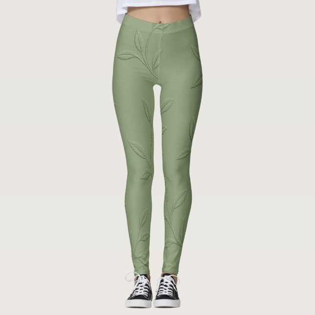 Sage Green Leaf Embroidered Leggings (Front)