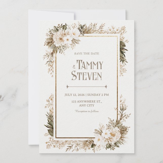 Sage Green Leaf Ivory Blossom Wedding Invitation (Front)