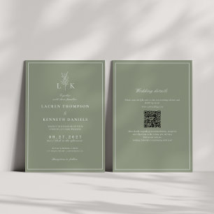 Sage Green Leaf Monogram QR Code Wedding Invitation