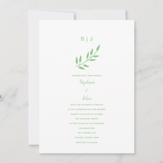 Sage Green Leaf Monograms Name Custom Boho Wedding Invitation (Front)