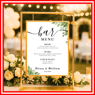  Sage Green Leafs Bar Menu Wedding Signature Drink Poster