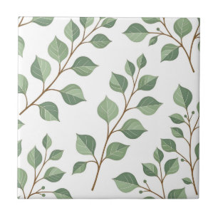 Sage Green Leafy Branches Botanical Watercolor  Ceramic Tile