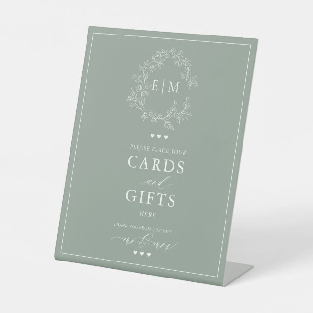 Sage Green Leafy Crest Monogram Card & Gifts Pedestal Sign (Front)